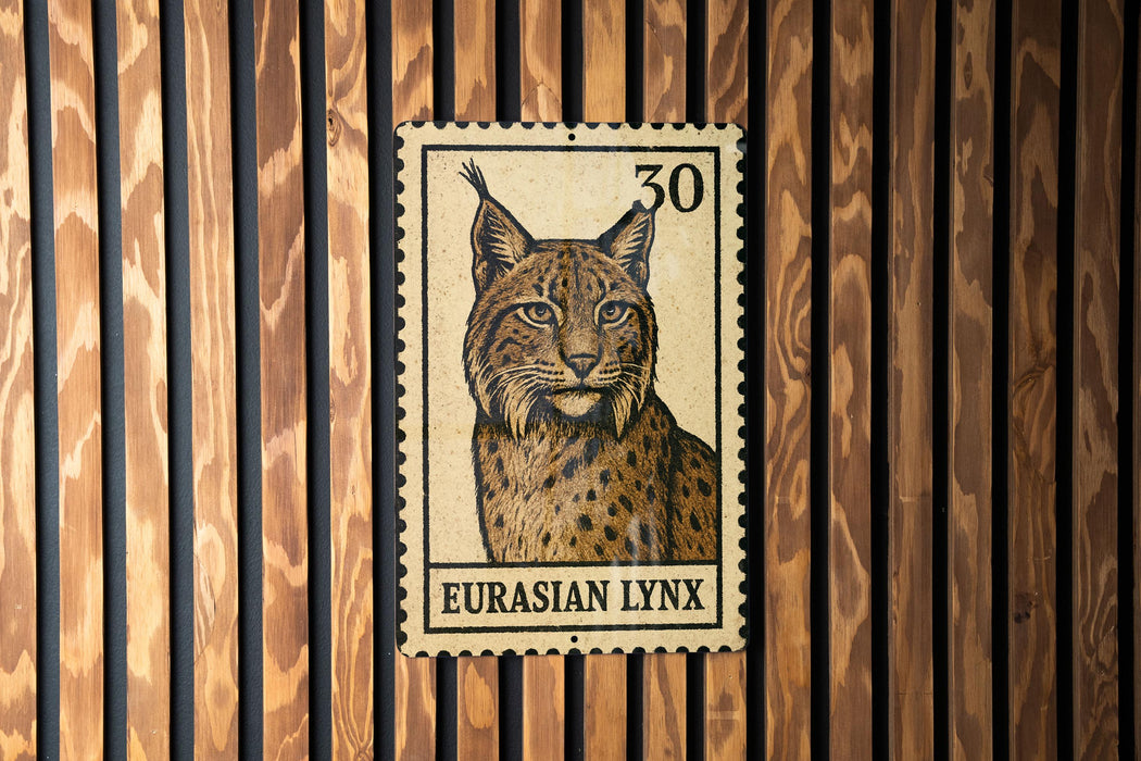 A postage stamp featuring an illustration of a European lynx, a wild cat native to Europe and Asia.