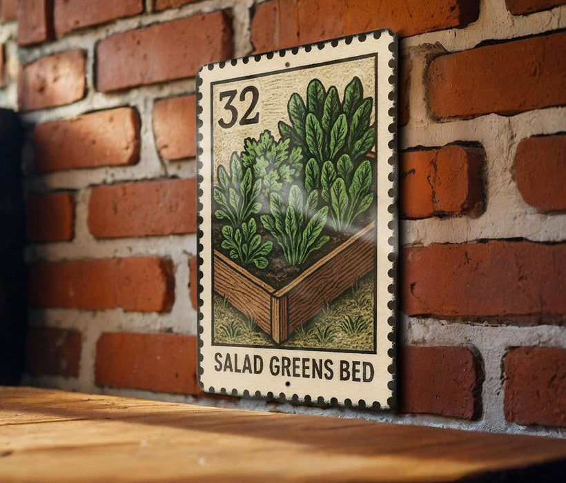 A metal stamp with a picture of a garden bed and the text "SALAD GREEN'S BED" is displayed on a brick wall.