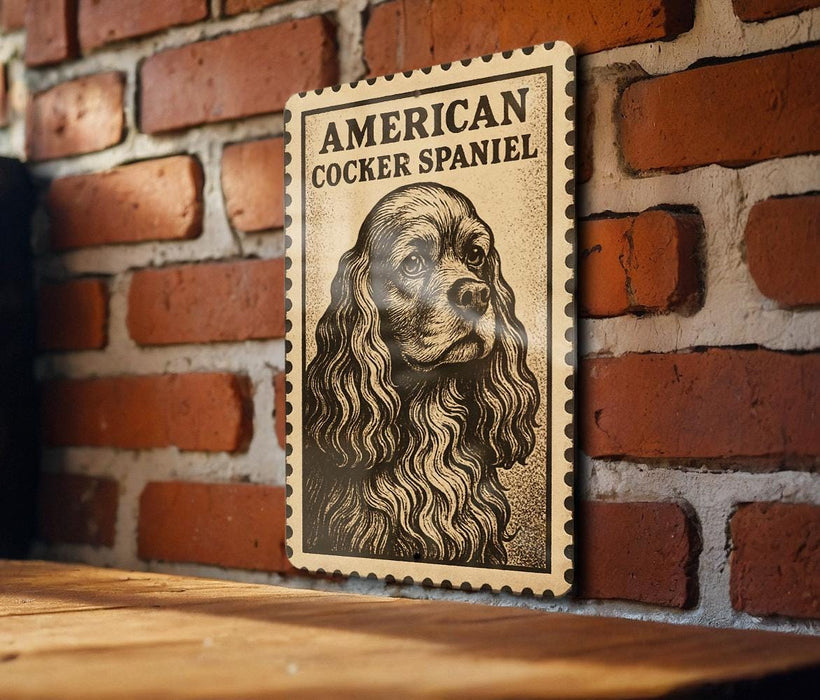 a wooden surface with a framed illustration of a Cocker Spaniel dog on it, mounted on a brick wall.