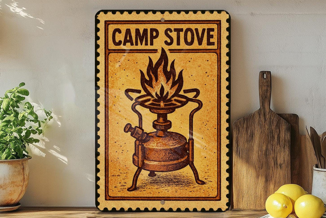 a sign that reads "CAMP STOVE" with an illustration of a camp stove on it. The sign is placed on a shelf next to a wooden cutting board and a potted plant.