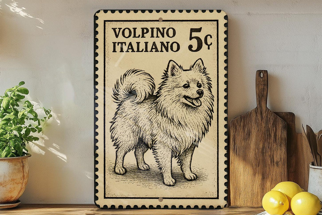 a vintage-style metal sign with a drawing of a fluffy white dog, placed on a wooden surface next to a wooden cutting board and some lemons.