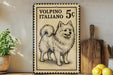 a vintage-style metal sign with a drawing of a fluffy white dog, placed on a wooden surface next to a wooden cutting board and some lemons.