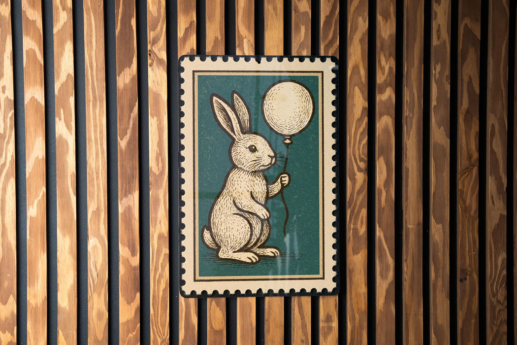 A framed illustration of a rabbit holding a white balloon is displayed on a wooden wall.