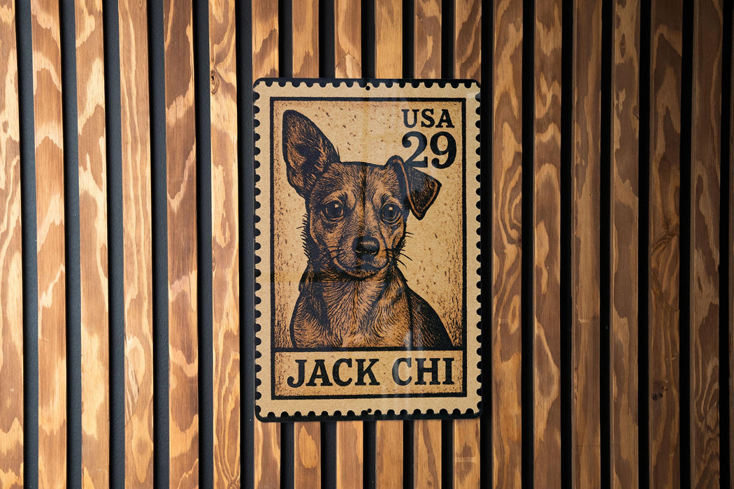 A wooden wall with a framed stamp featuring a dog's portrait.