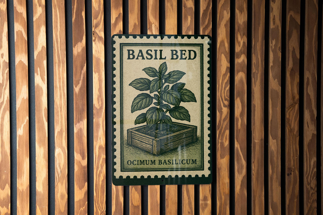 A metal sign with a plant illustration and text is mounted on a wooden wall.