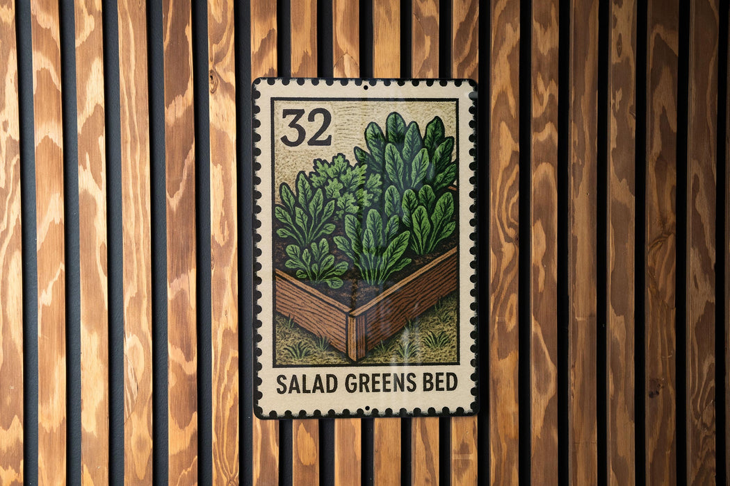 A metal stamp with a picture of a garden bed and the text "SALAD GREEN'S BED" is displayed on a wooden wall.