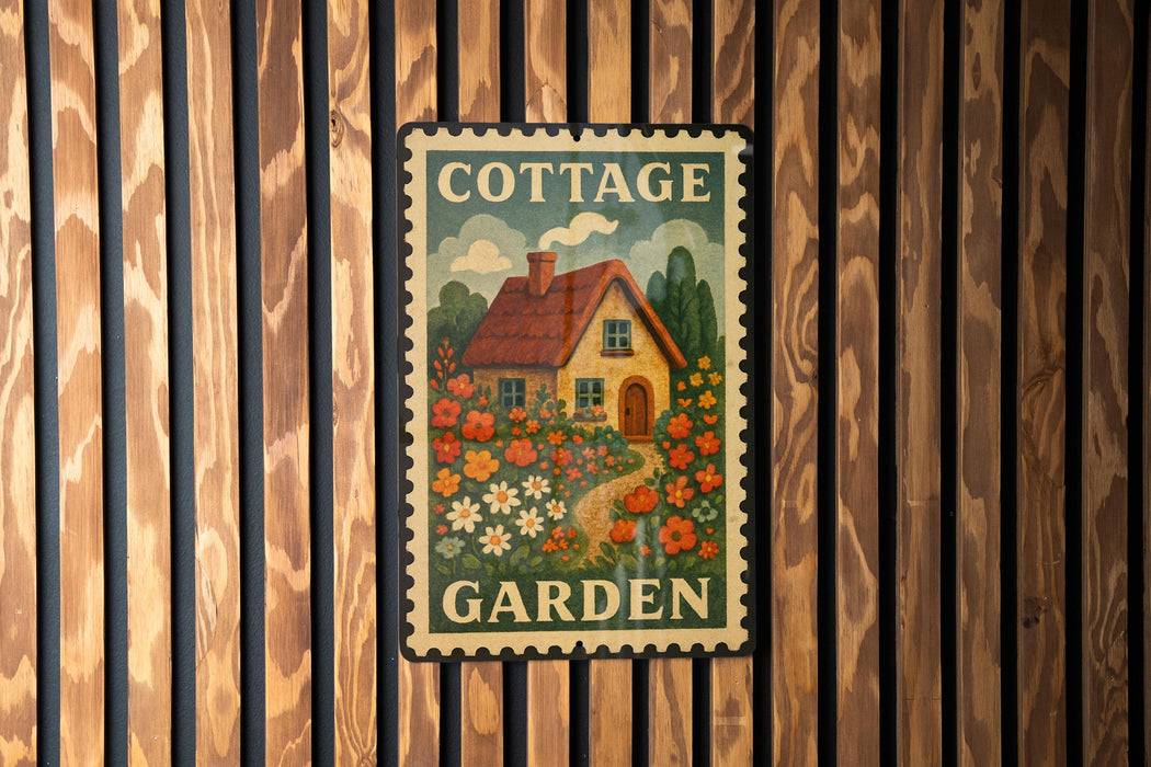 A vintage-style metal sign with a cottage garden illustration is mounted on a wooden wall.