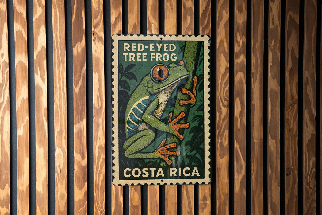 A poster of a red-eyed tree frog is displayed on a wooden wall.