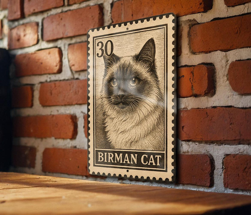 A metal sign featuring a BIRMAN CAT illustration is mounted on a brick wall.