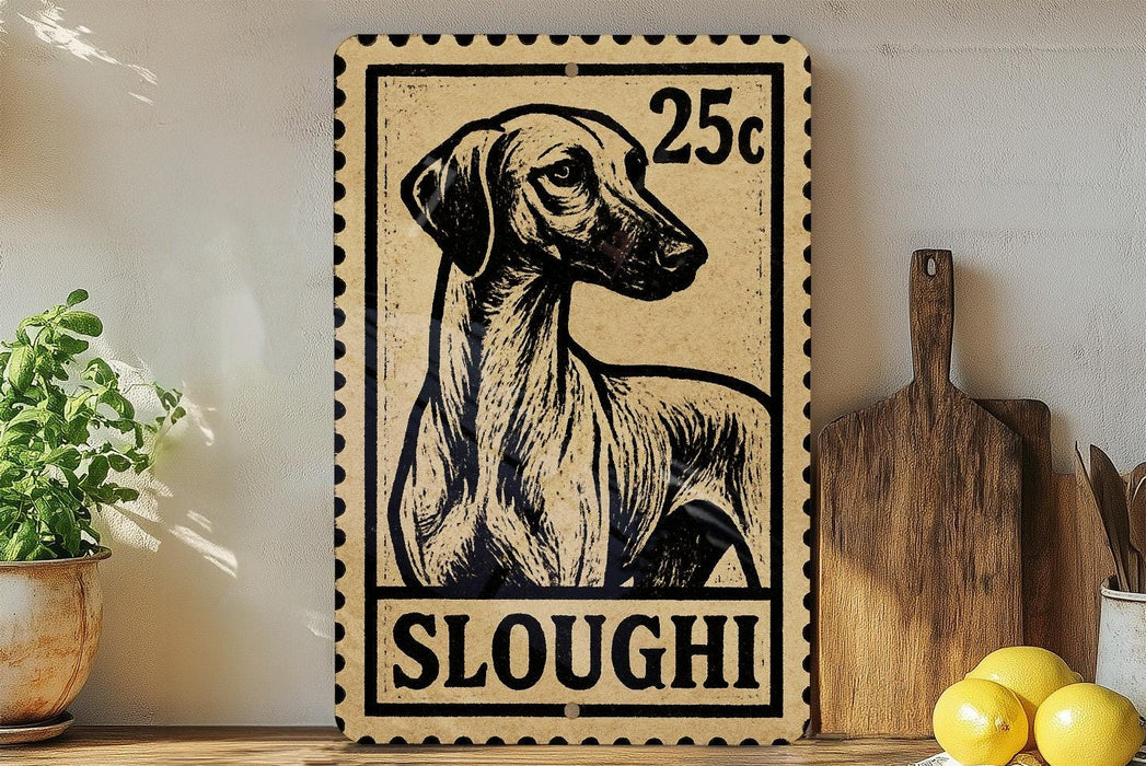 A 25c postage stamp featuring a dog's head, with the word "SLOUGHI" below it, is displayed on a shelf next to a wooden cutting board and some lemons.