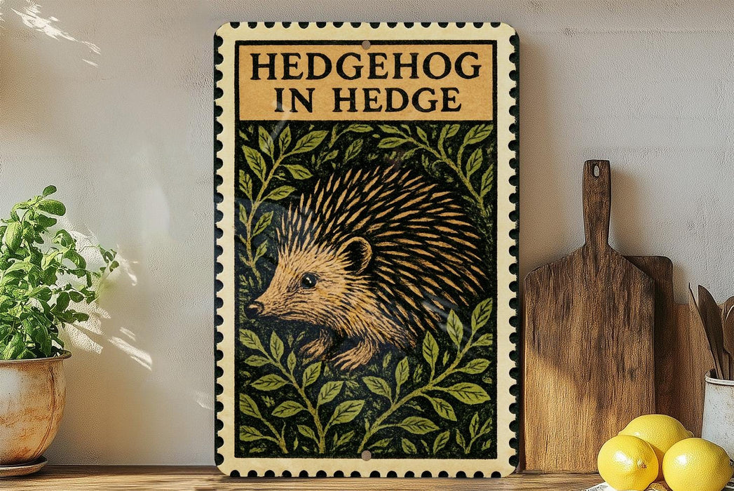 A framed illustration of a hedgehog is displayed on a wall, surrounded by green leaves and a wooden cutting board.
