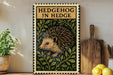 A framed illustration of a hedgehog is displayed on a wall, surrounded by green leaves and a wooden cutting board.