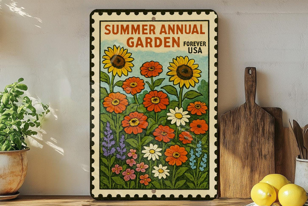 a vibrant poster of a garden with sunflowers and other colorful flowers, displayed on a wall next to a wooden cutting board and a potted plant.