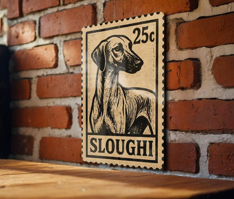 A wooden sign with a black and white illustration of a dog, mounted on a brick wall.