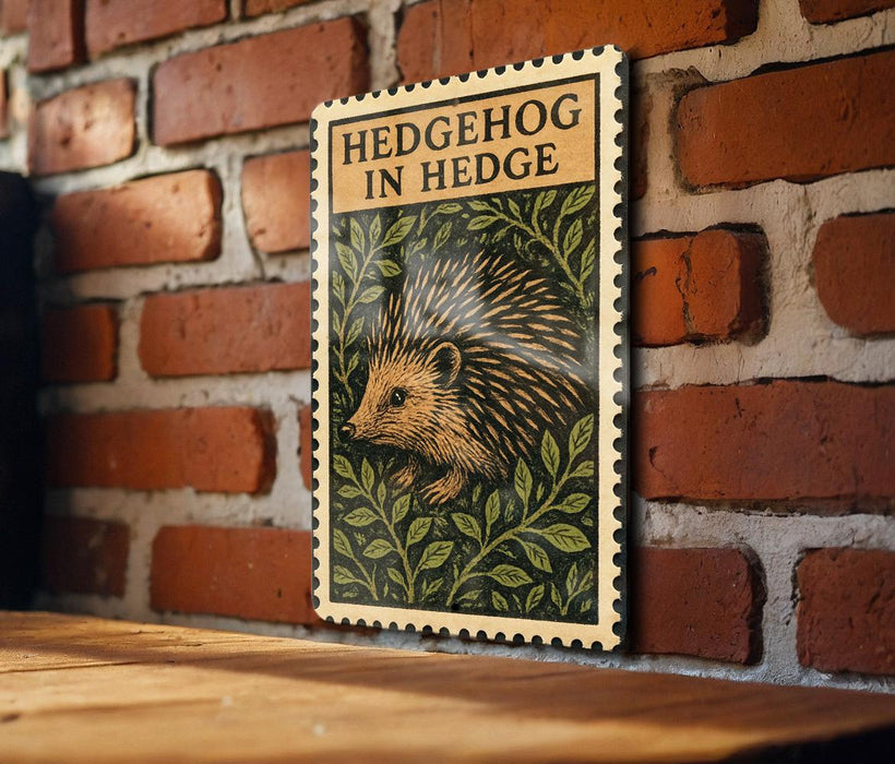 A wooden table with a framed illustration of a hedgehog on a brick wall.