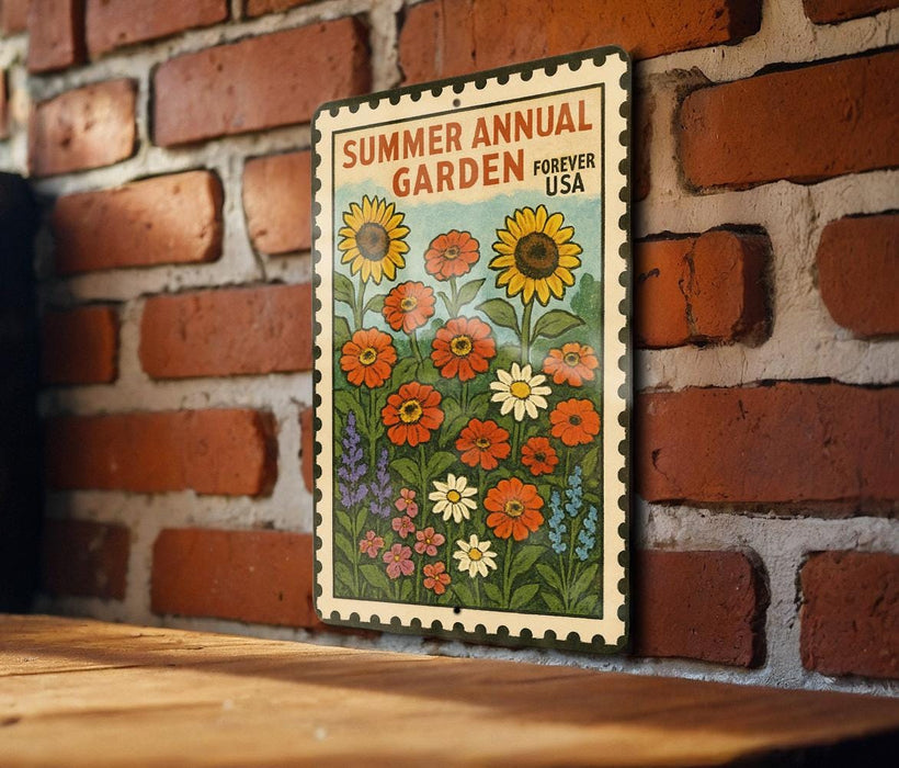 A vintage-style poster for the Summer Annual Garden Forever USA, featuring a colorful illustration of flowers and plants on a brick wall.