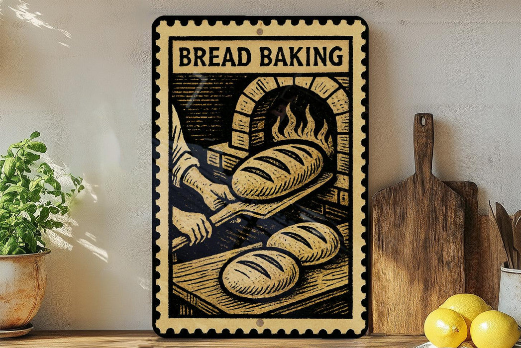 A vintage-style metal sign with the text "BREAD BAKING" and an illustration of a baker working in a brick oven. The sign is displayed on a wooden shelf, with a potted plant, wooden cutting board, and lemons nearby.