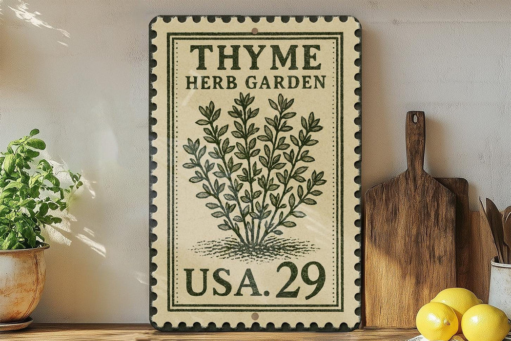 A vintage-style metal sign with a thyme herb garden design, featuring a plant illustration and the text "THYME HERB GARDEN USA.29". The sign is displayed on a shelf next to a wooden cutting board and a potted plant.