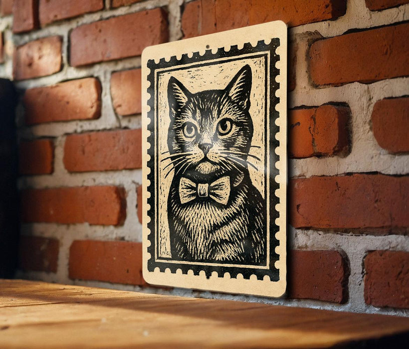 A framed image of a cat wearing a bow tie is displayed on a brick wall.