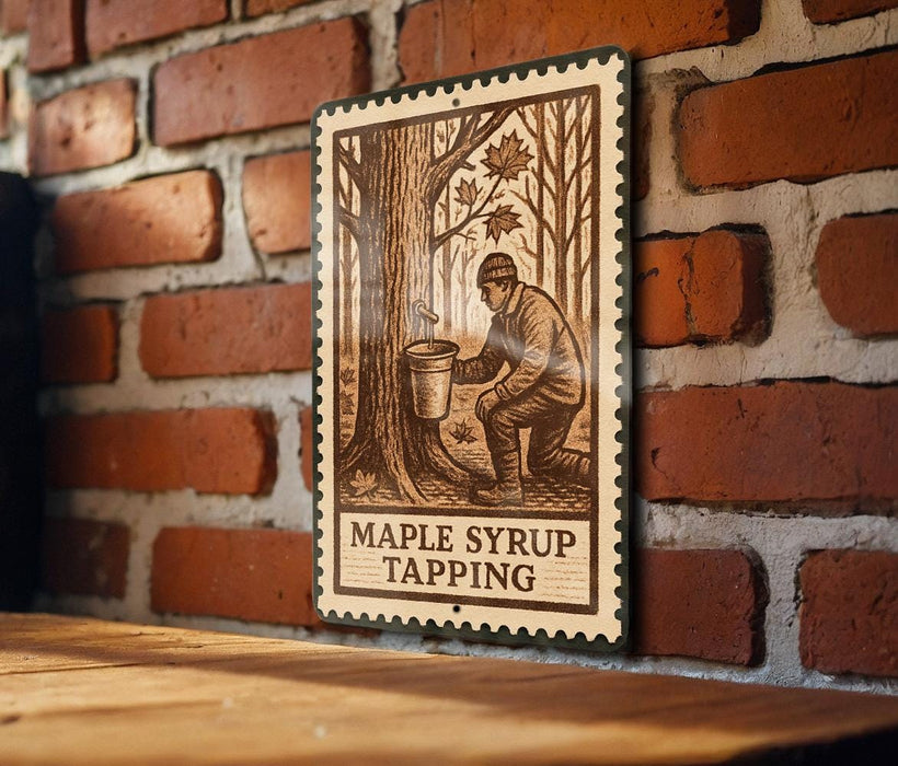 A wooden table with a brick wall in the background, featuring a metal sign with an illustration of a person tapping a tree to collect maple syrup.
