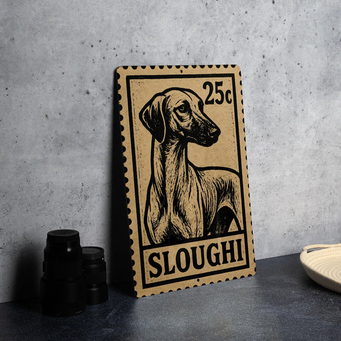 A wooden postcard featuring a dog illustration, with the text "SLOUGHI" printed on it, is displayed on a table next to some black camera lenses.