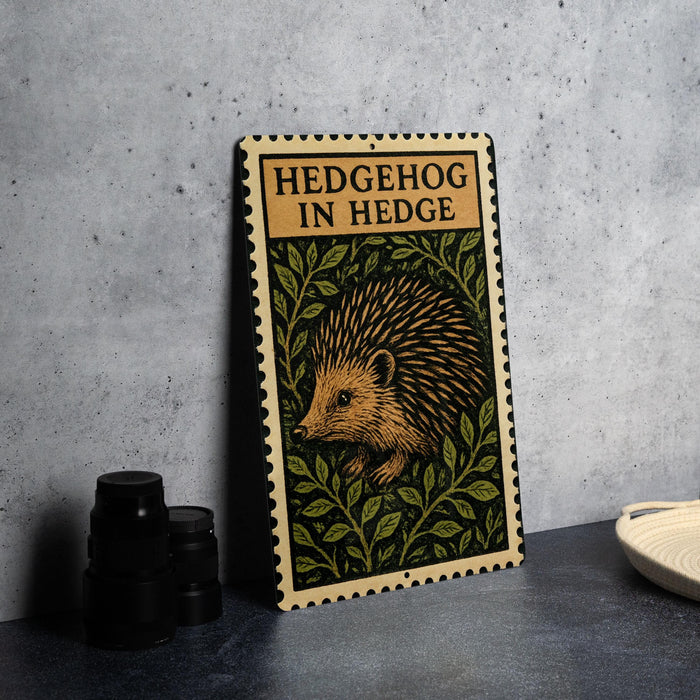 A metal sign with the text "HEDGEHOG IN HEDGE" and an illustration of a hedgehog is displayed on a table.