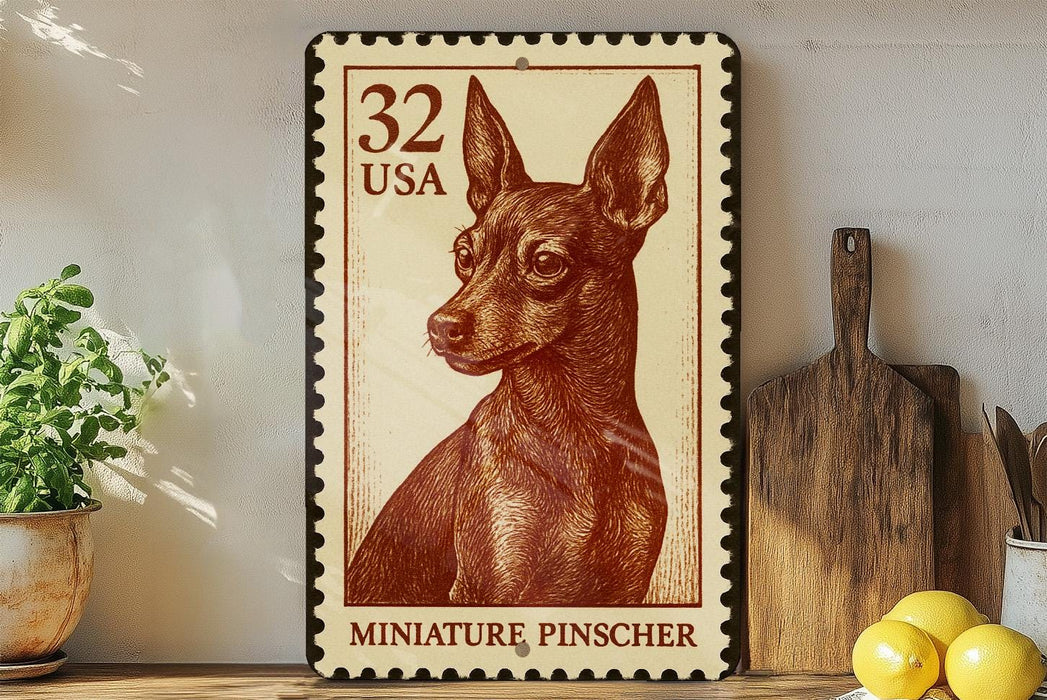 a vintage-style miniature postage stamp with a portrait of a dog, placed on a wooden surface next to a wooden cutting board and some lemons.