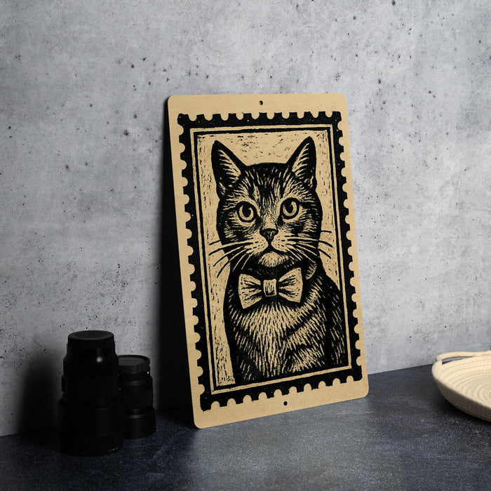 A framed illustration of a cat wearing a bow tie is displayed on a table.