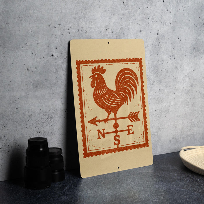 a wooden sign with a rooster and a weather vane, placed on a table next to some black containers.