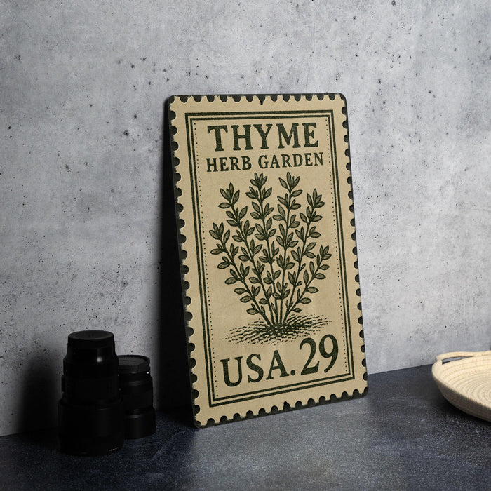 A wooden sign with a decorative border and text, placed on a countertop next to some black containers.