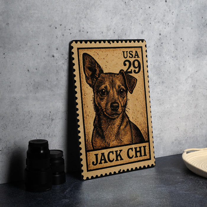A wooden stamp featuring a dog's portrait, with the text "USA 29" and "JACK CHI" printed on it.