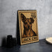 A wooden stamp featuring a dog's portrait, with the text "USA 29" and "JACK CHI" printed on it.