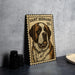 A metal frame with a postage stamp design featuring a Saint Bernard dog.