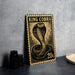 A metal sign featuring a black and gold illustration of a cobra, with the text "KING COBRA" and "20c" printed on it.