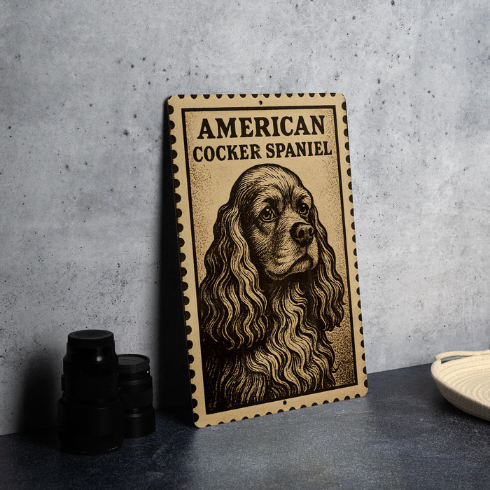 a sign with an illustration of a Cocker Spaniel dog, placed on a countertop next to some black camera lenses.