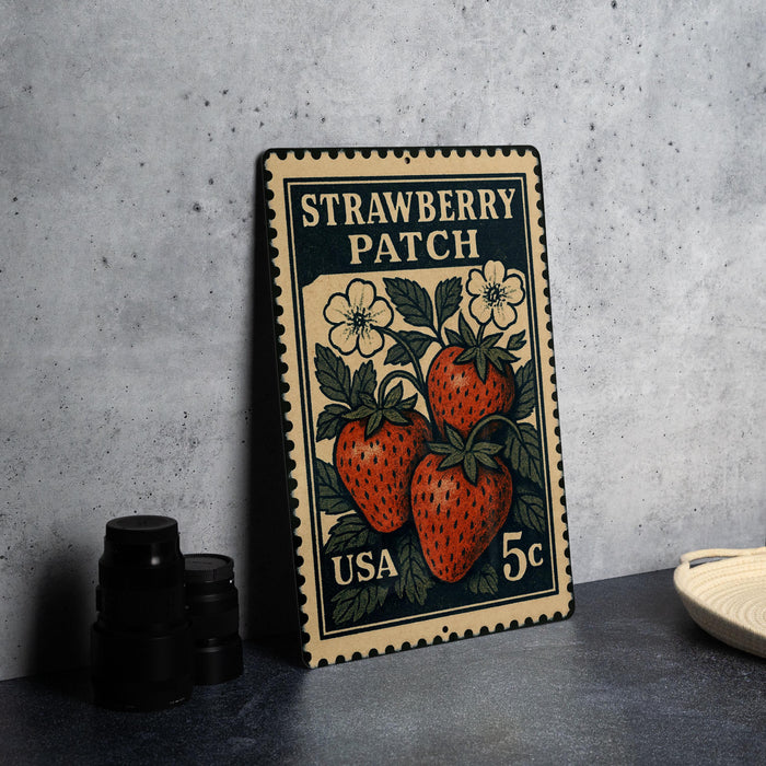 A vintage-style metal stamp featuring a strawberry patch design, placed on a dark surface next to some black camera lenses.