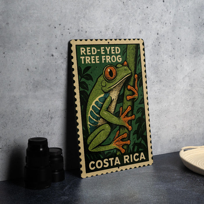 A metal sign featuring an illustration of a red-eyed tree frog, with the text "RED-EYED TREE FROG" and "COSTA RICA" printed on it.
