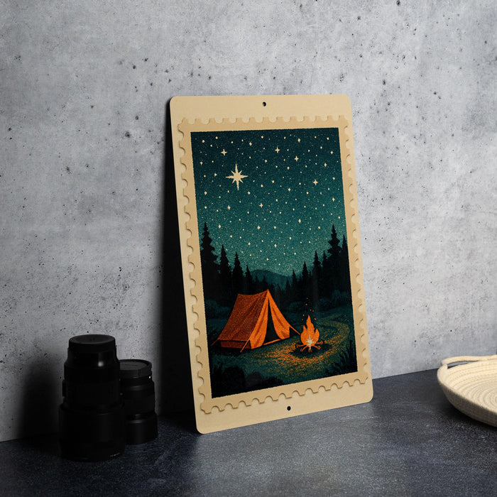 A framed print depicting a camping scene with a tent, campfire, and starry night sky is displayed on a wall.