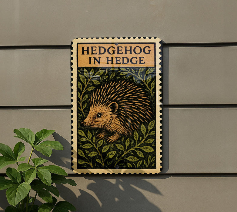 A sign with the text "HEDGEHOG IN HEDGE" and an illustration of a hedgehog is mounted on a wall.