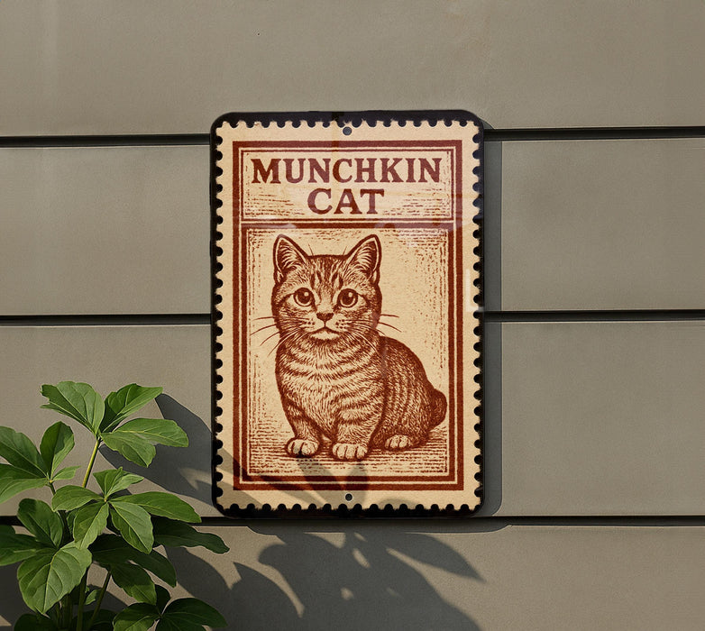 a sign with a cat illustration on it, mounted on a wall.