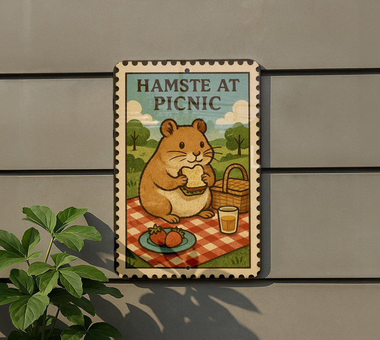 A metal sign with a cartoon hamster sitting on a picnic blanket, holding a sandwich and a drink, with a basket of food and a tree in the background.