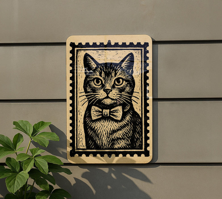 A framed image of a cat wearing a bow tie is displayed on a wall, with a plant visible to the left.