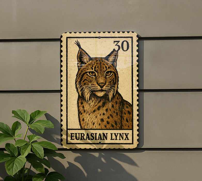 A postage stamp featuring an illustration of a European lynx, a wild cat native to Europe and Asia, is displayed on a wall.