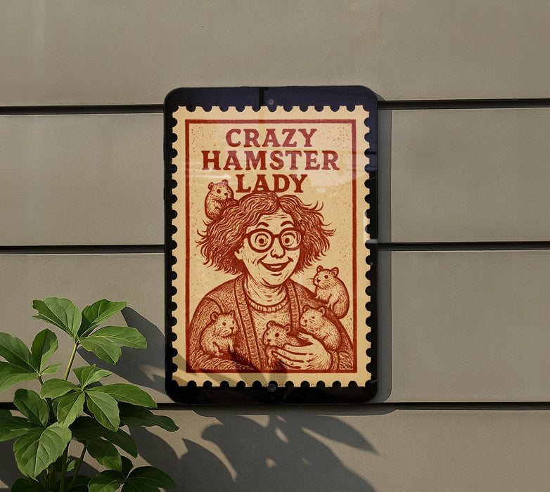 a sign with a cartoon illustration of a woman holding a hamster, accompanied by the text "Crazy Hamster Lady".