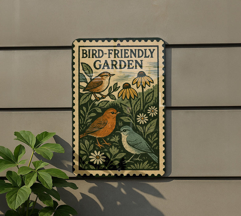 A metal sign with a bird illustration and the text "Bird-Friendly Garden" is displayed on a wall, with a plant to the left.