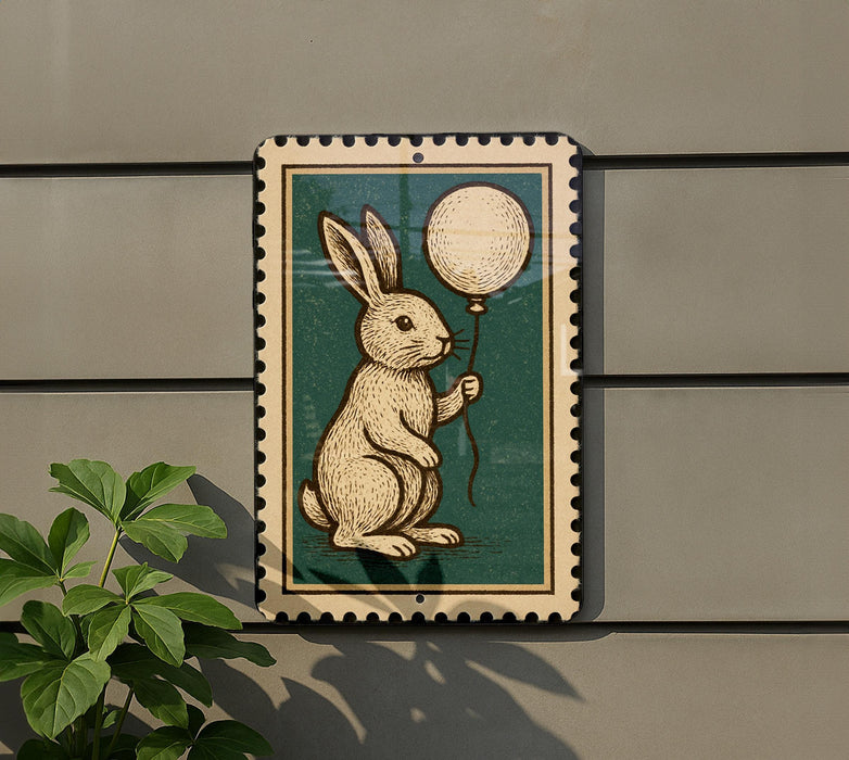a small, framed illustration of a rabbit holding a white balloon.