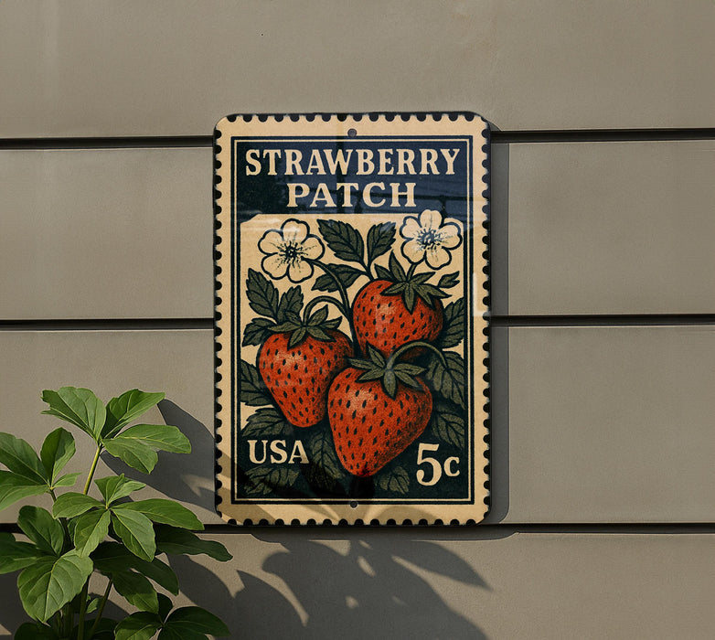 A vintage-style postage stamp featuring a strawberry patch, with the text "STRAWBERRY PATCH" and "USA 5c" printed on it.