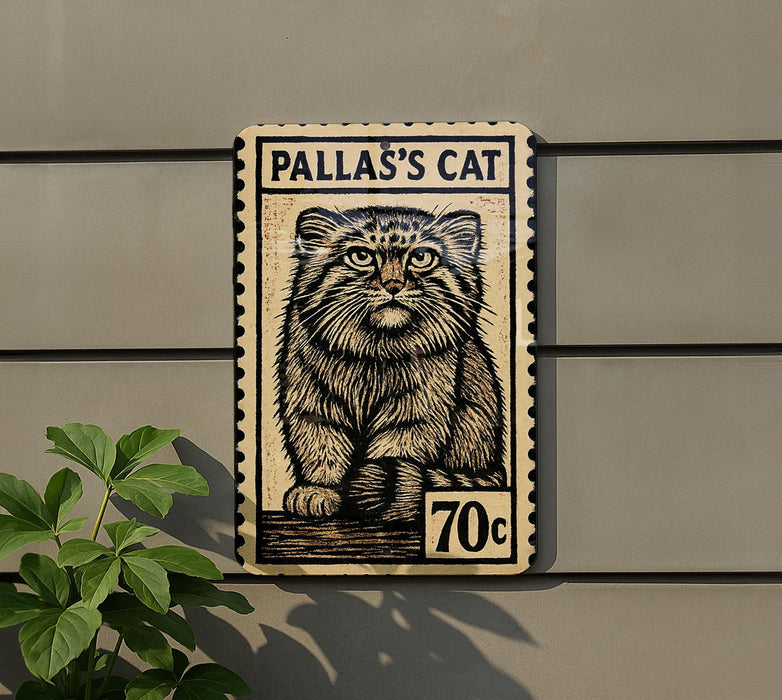 A metal sign with a cat illustration on it, mounted on a wall.