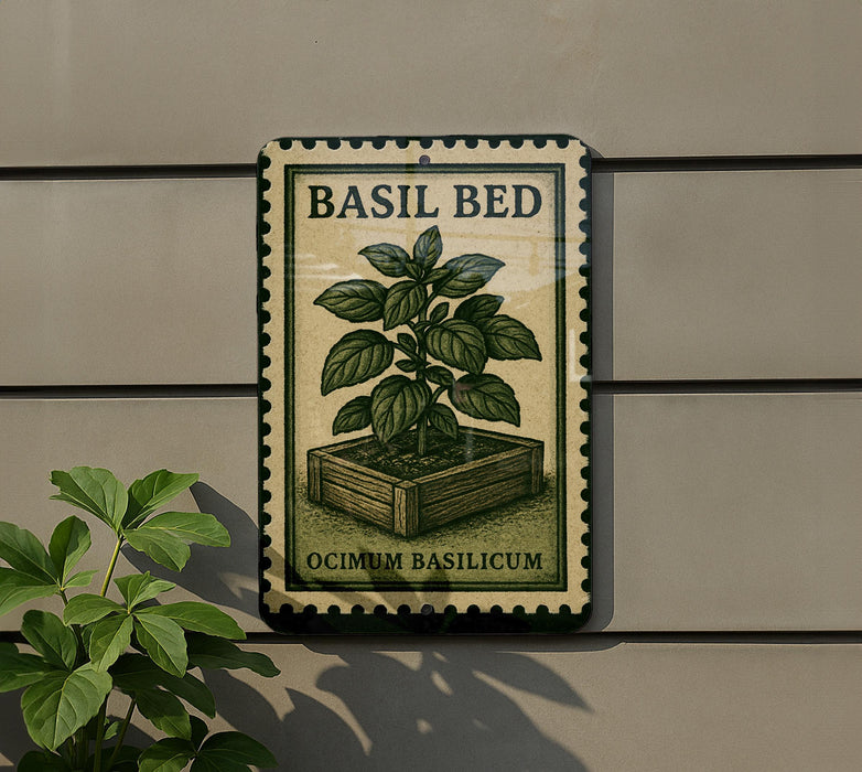 a sign with a plant illustration and the text "BASIL BED" and "OCIMUM BASILICUM" on a wall.