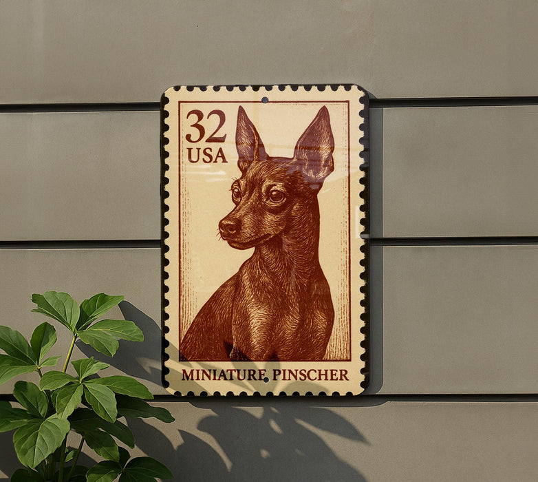 a brown miniature pinscher dog on a brown postage stamp.